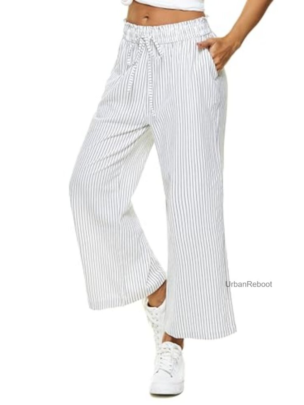 Linen Cotton Wide Leg High Waist Capri Pants with Pockets